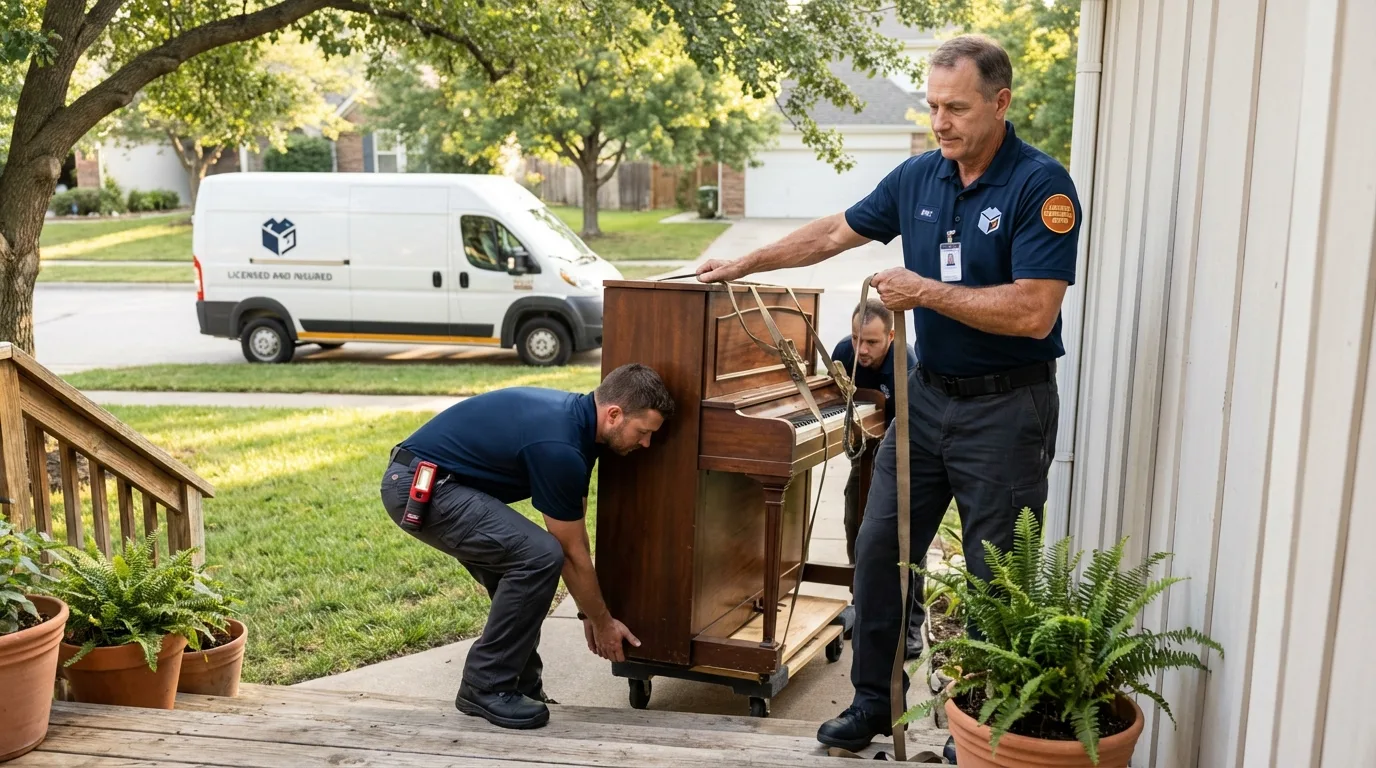 Licensed piano movers securing grand piano in Hayti, SD