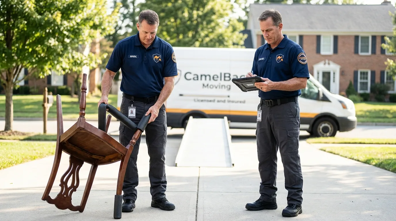 Movers inspecting furniture for damage prevention before loading in Hayti, SD