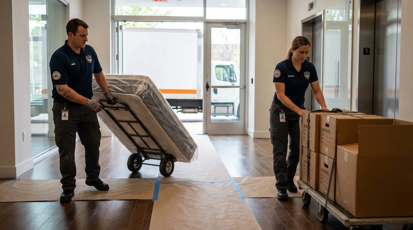 Professional apartment movers loading elevator in Hayti, SD
