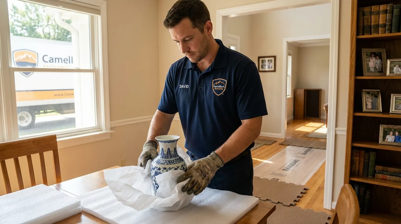 Professional crew carefully wrapping antique vase for senior downsizing move in Hayti, SD